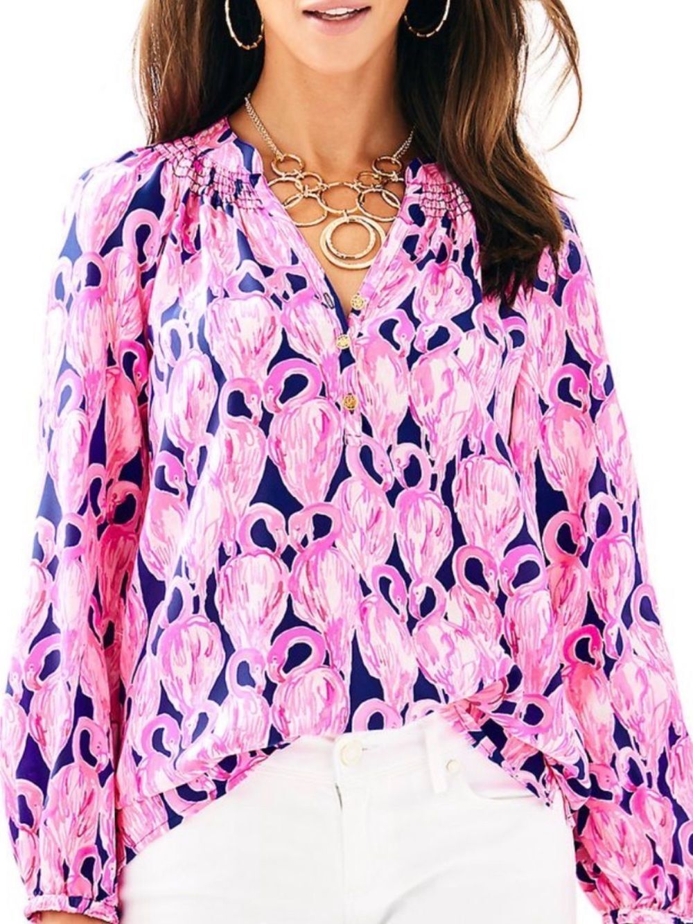 Lilly Pulitzer Pink Flamingo-Print Silk Long Sleeve Blouse XXS
